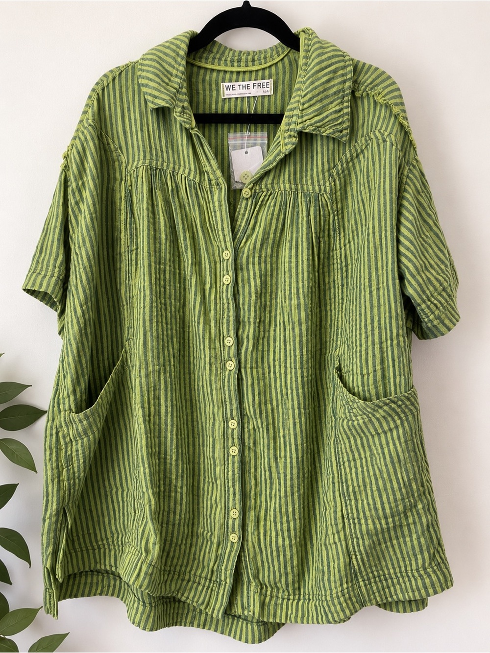 We The Free Free People Green Striped Oversized Button Down Shirt M NWOT